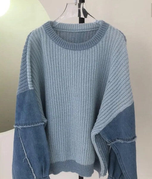 Denim sleeve knit sweater